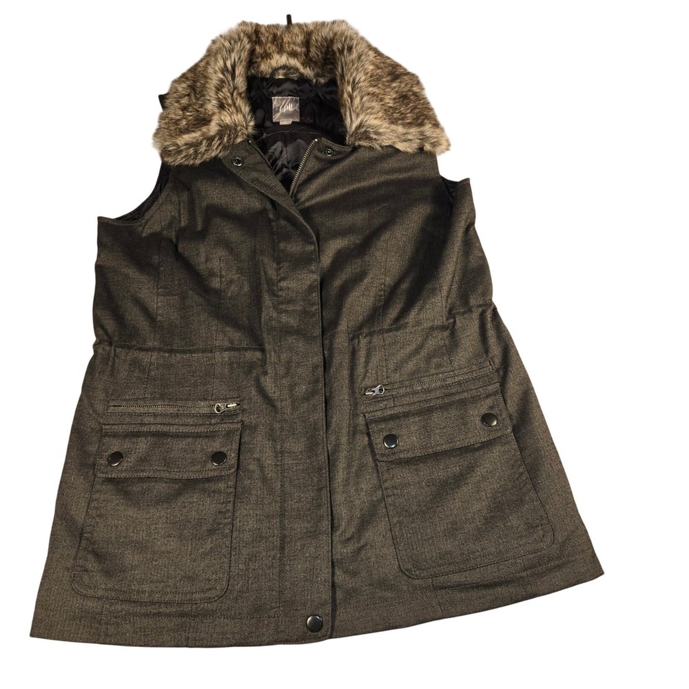 J. Jill Womens Gray Utility Vest Faux Fur Collar Quilted Lining Size S Petite